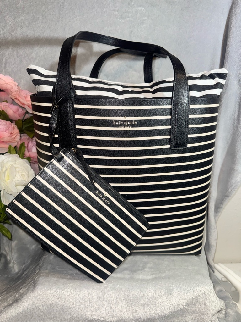 Kate Spade Black And White Striped Tote With Matching Pouch